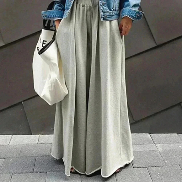 Light Grey Casual Women's Solid Drawstring Waist Wide Leg Pants - Picture 4 of 4